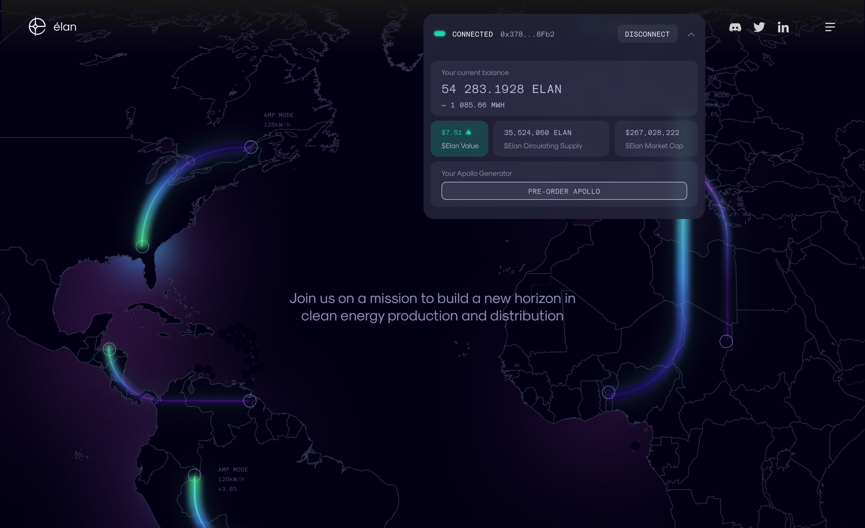 Élan website home page showing connected devices